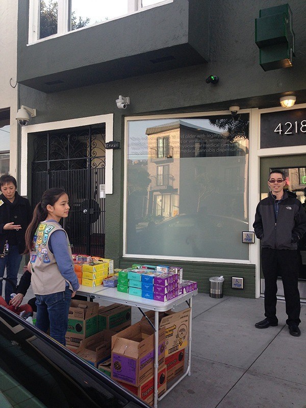 selling  Girl Scout cookies outside a pot store.jpg