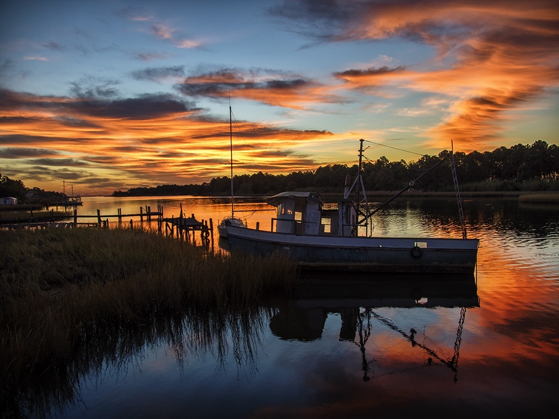 Shrimp Boat at 2 mile at sunrise-Apalachicola 2014-HoaxEdit_web.jpg