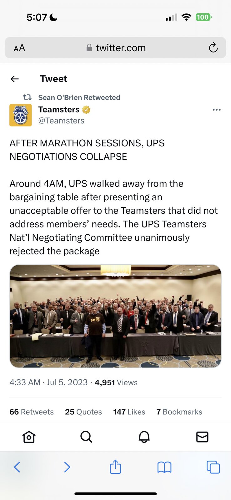 Teamsters on Twitter AFTER MARATHON SESSIONS, UPS NEGOTIATIONS COLLAPSE Around 4AM, UPS walked...jpg