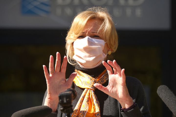 Dr. Deborah Birx speaks to the media outside the Broad Institute in Cambridge, Massachusetts, on Oct. 9. This week, she urged